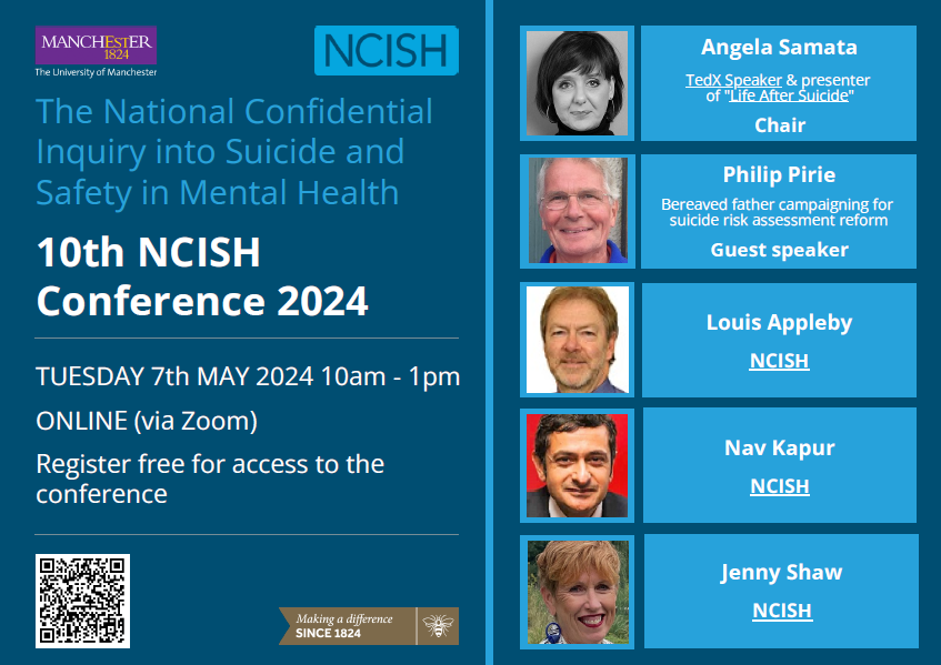 Have you registered for the @NCISH_UK conference yet? You'll hear more about the latest UK-wide findings on suicide from 2011-2021, as well as recommendations for clinical practice and policy that will improve safety. 🗓️ 7th May 2024 (10am - 1pm) zurl.co/zivg