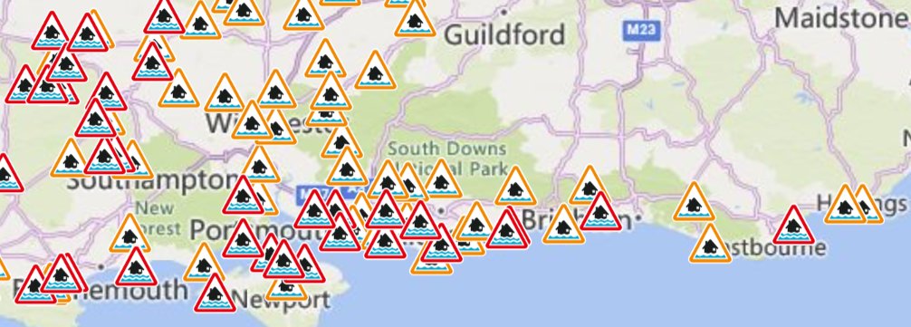 10.45am, Tuesday. Significant tides last night left south coastal paths and proms hazardous. Please take care. Don't drive through floods. You may wreck the engine, put occupants at risk AND push water into buildings. Get the latest: gov.uk/flood or 0345 988 1188.