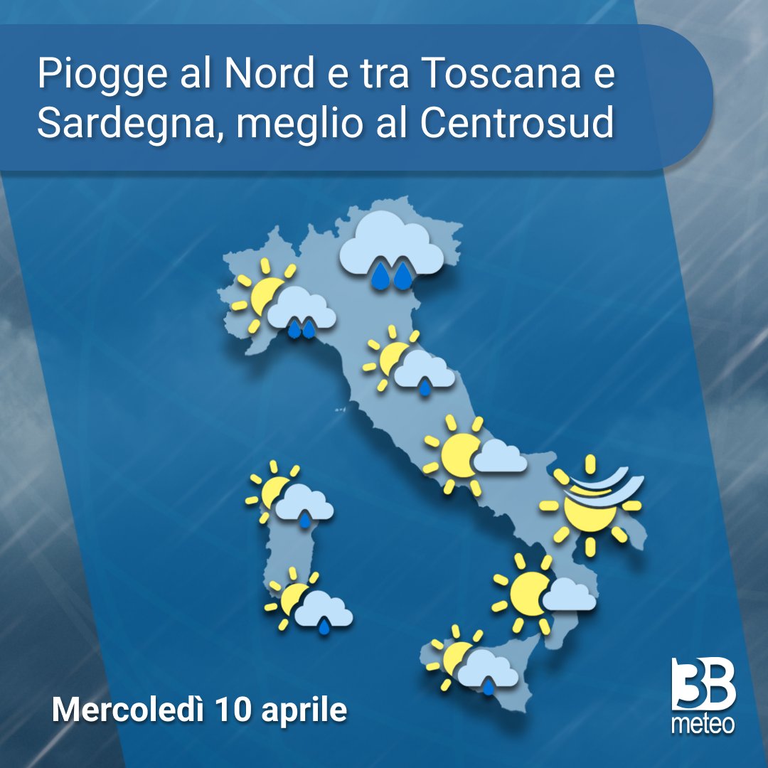 #Mercoledì: piogge sulle regioni settentrionali, #Toscana e #Sardegna. Nubi sparse sulle regioni centro-meridionali con qualche piovasco in #Sicilia. Tutti i dettagli scaricando l'app gratuita di #3BMeteo