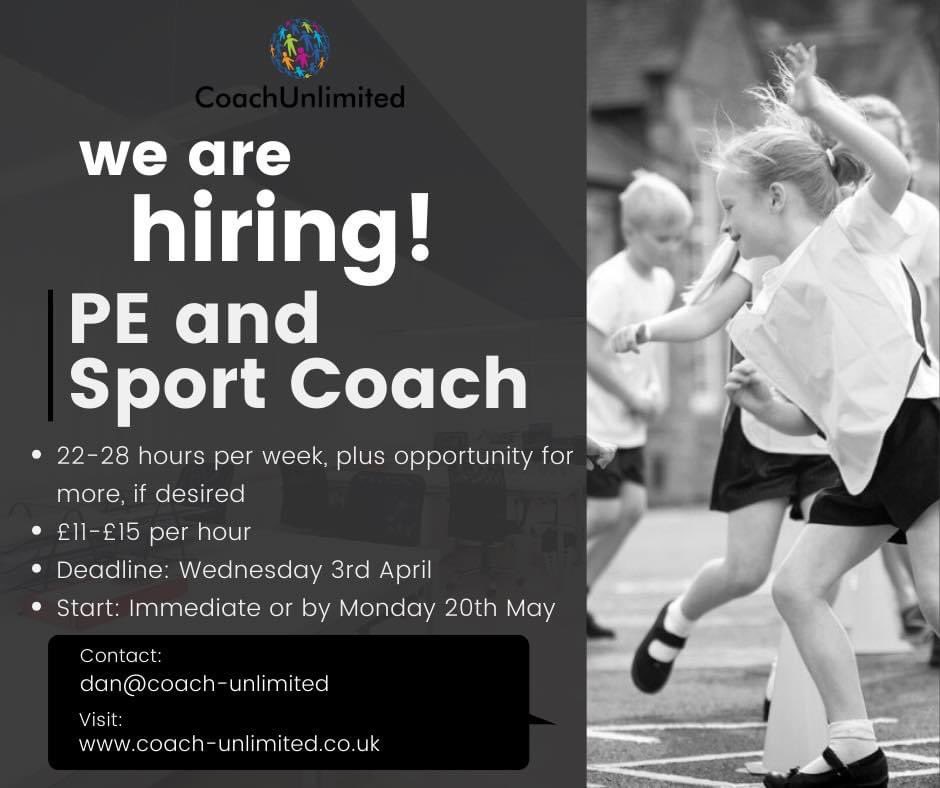 ‼️EXTENDED DEADLINE - 12/04/2024‼️

CoachUnlimited are seeking to recruit an organised and enthusiastic individual with experience working with primary aged children. 

✉️ Email your CV to dan@coach-unlimited.co.uk 
📞 01455 393404 

#jobvacancy #jobadvert #schoolcoach #NewJob