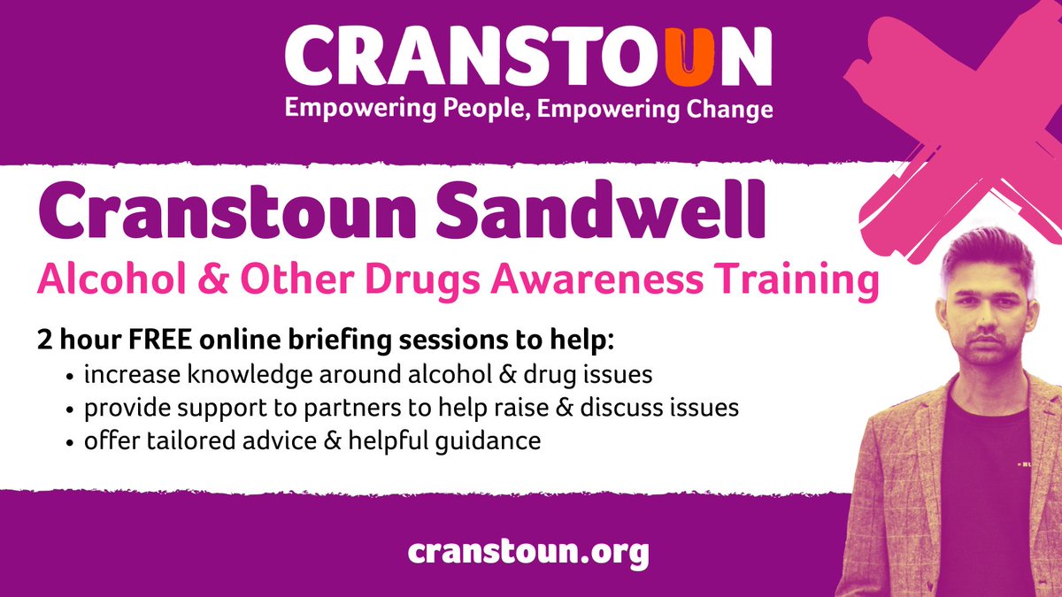 Cranstoun offers FREE Online Alcohol & Other Drugs Awareness Training to support individuals, partners and community organisations in #Sandwell Contact sandwelltraining@cranstoun.org.uk to find out more, or book at: bit.ly/44wM0lU