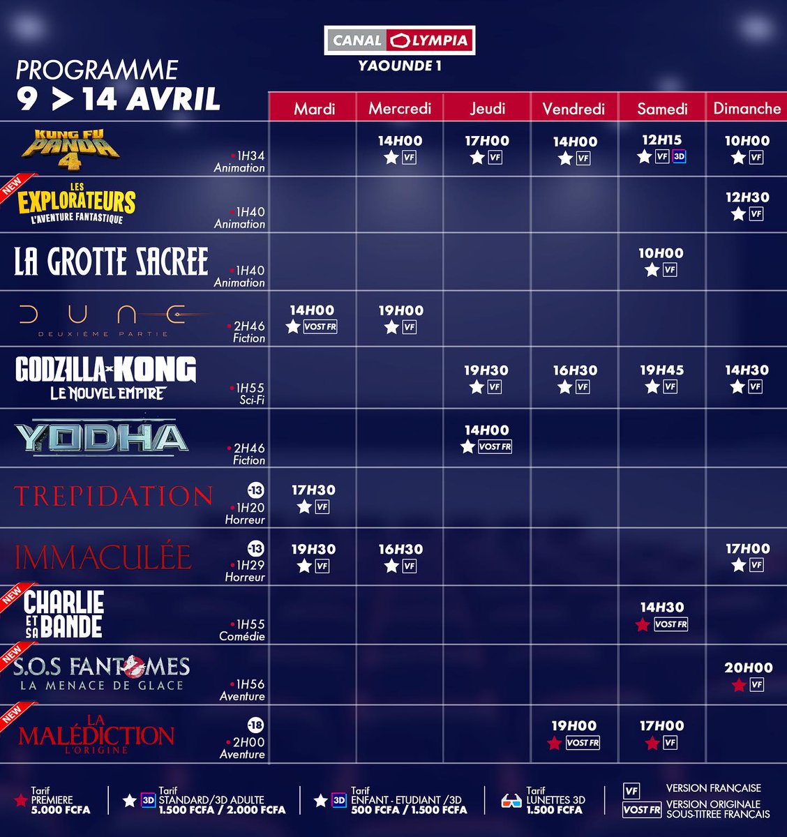 GrenaEvent's tweet photo. #AgendaCiné

Chers cinéphiles, voici votre programme de la semaine proposé par les salles de cinéma camerounaises CanalOlympia Bessengué et CanalOlympia Yaoundé 1...

#Cinéma #film #grenaevent #billetterieenligne https://t.co/LikEFgLWVw
