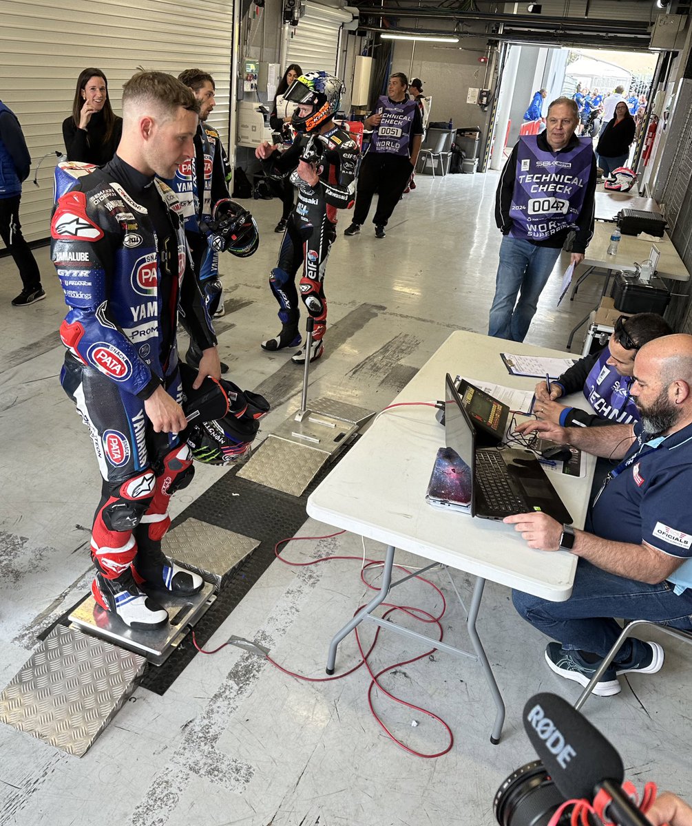 With the new minimum weight rules in @WorldSBK this year, riders are weighed at the start of the weekend and after each race with their full race kit. The system also works as a way of tracking how many desserts the riders are tucking into in hospitality over the weekend 🤣🧁