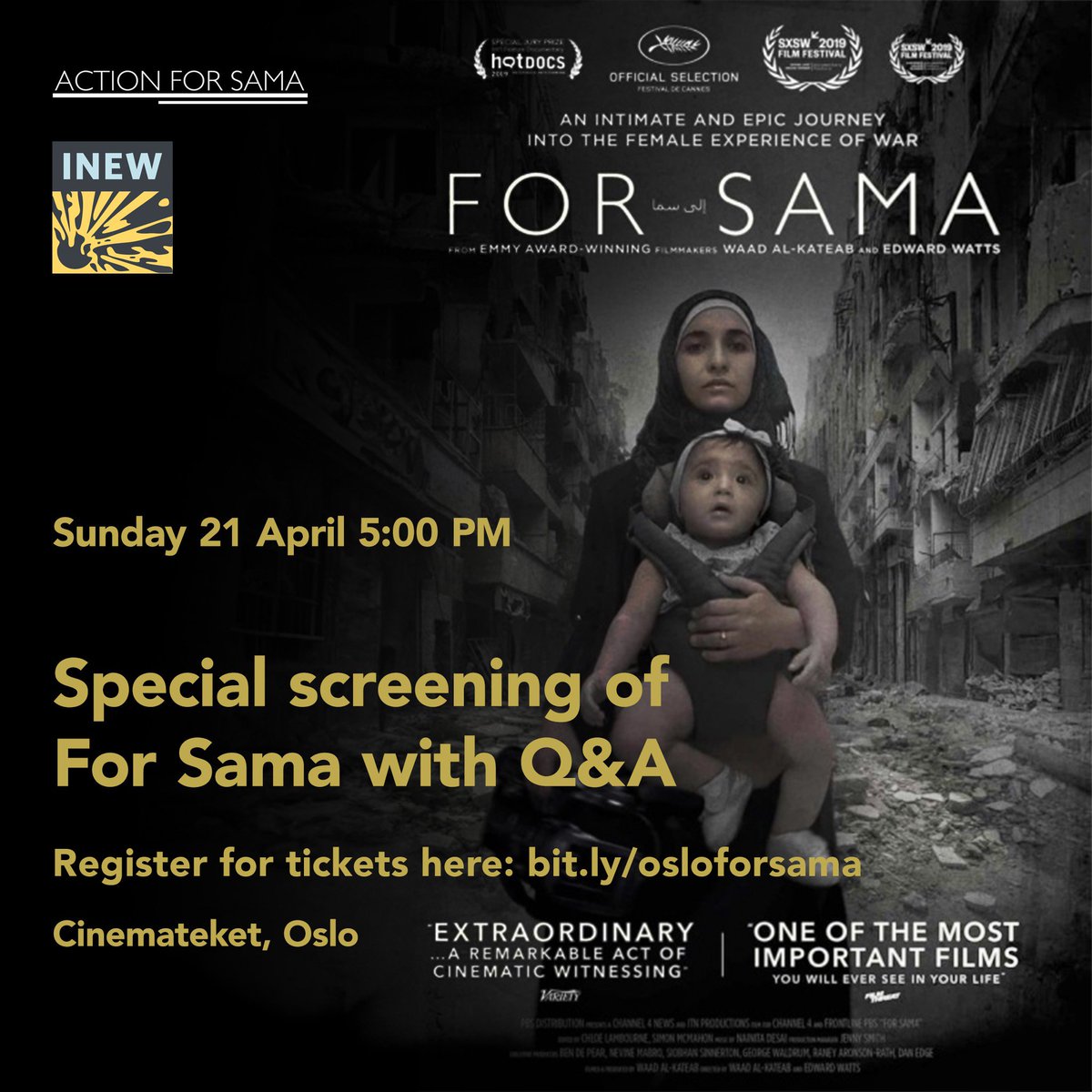 🚨 ATTENTION CONFERENCE ATTENDEES 🚨 Reserve your tickets now! We have 125 free tickets for the screening of ‘For Sama’ followed by a Q&A with the filmmakers. 📍17:00 on April 21, 2024 at Cinemateket, Oslo. First come first serve, tickets here ➡️ bit.ly/osloforsama