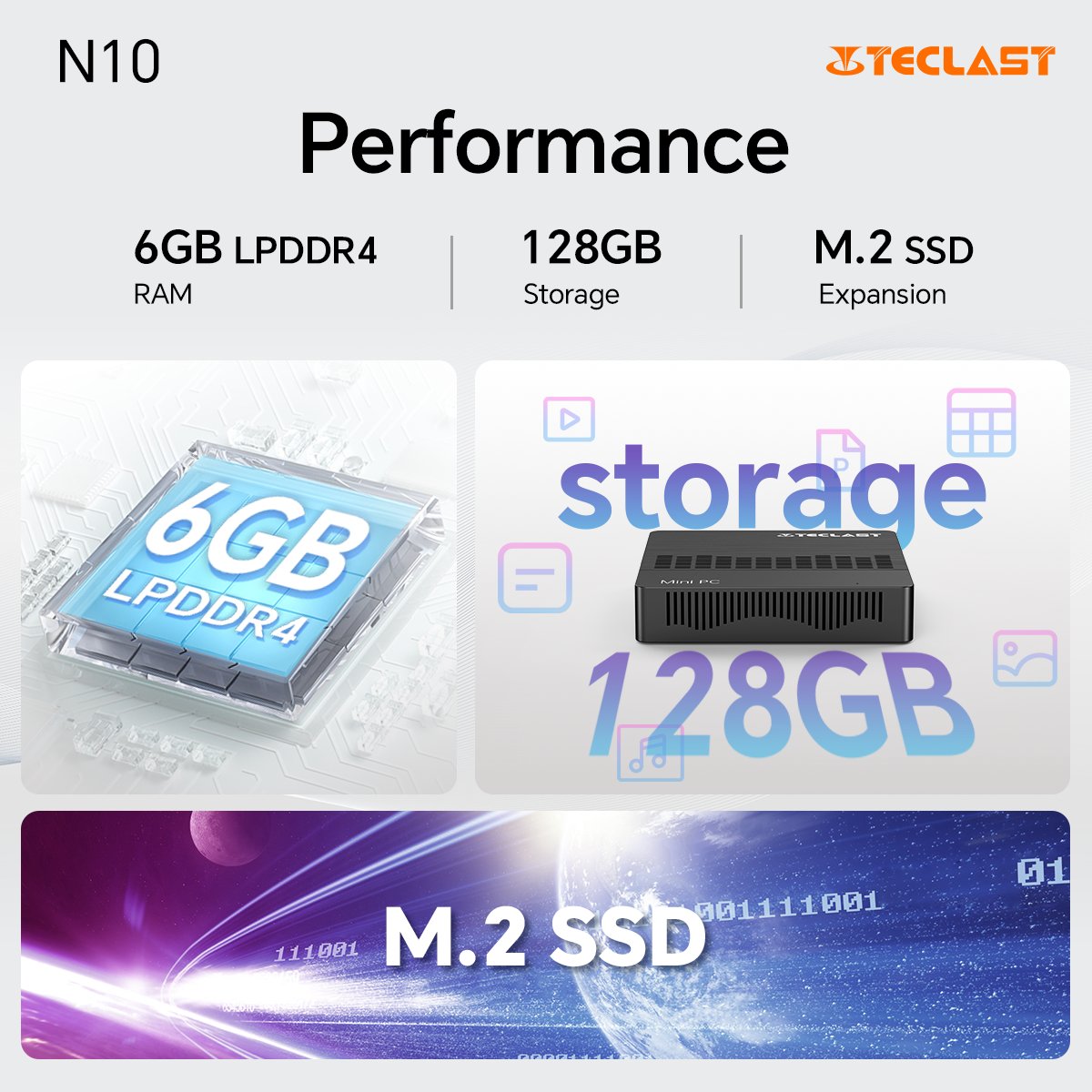 TeclastJapan's tweet image. N10 Mini PCの6GB LPDDR4メモリと128GBストレージにより✨、コンピューティングのレベルを高めます。Swiftマルチタスクに対応し、すべてのファイルに十分なスペースを提供します💾🌈

詳しくは🌁：geni.us/SpSN7

#Teclast #TechLife #TeclastTech #N10MiniPC #ミニpc