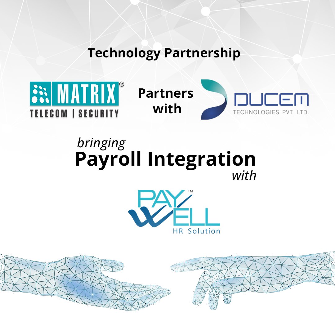 Exciting news! Matrix partners with @DucemTech to integrate HRMS with Paywell HR Payroll Solution. Experience streamlined operations and enhanced transparency with Matrix #AccessControl and #TimeAttendance Solution.  
#MatrixComsec #HRMSIntegration #TechnologyPartner