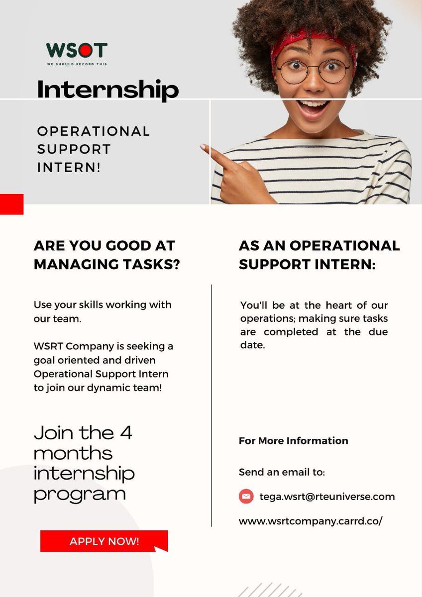WSRTCompany's tweet photo. Are you interested in interning with the WSRT Company Team in 2024? We're excited to have you on board.

We're looking for 
- Content creator
- Operational assistant
- Social media video editor

This is a 4 months Internship program. https://t.co/6ZfdIYNnv7