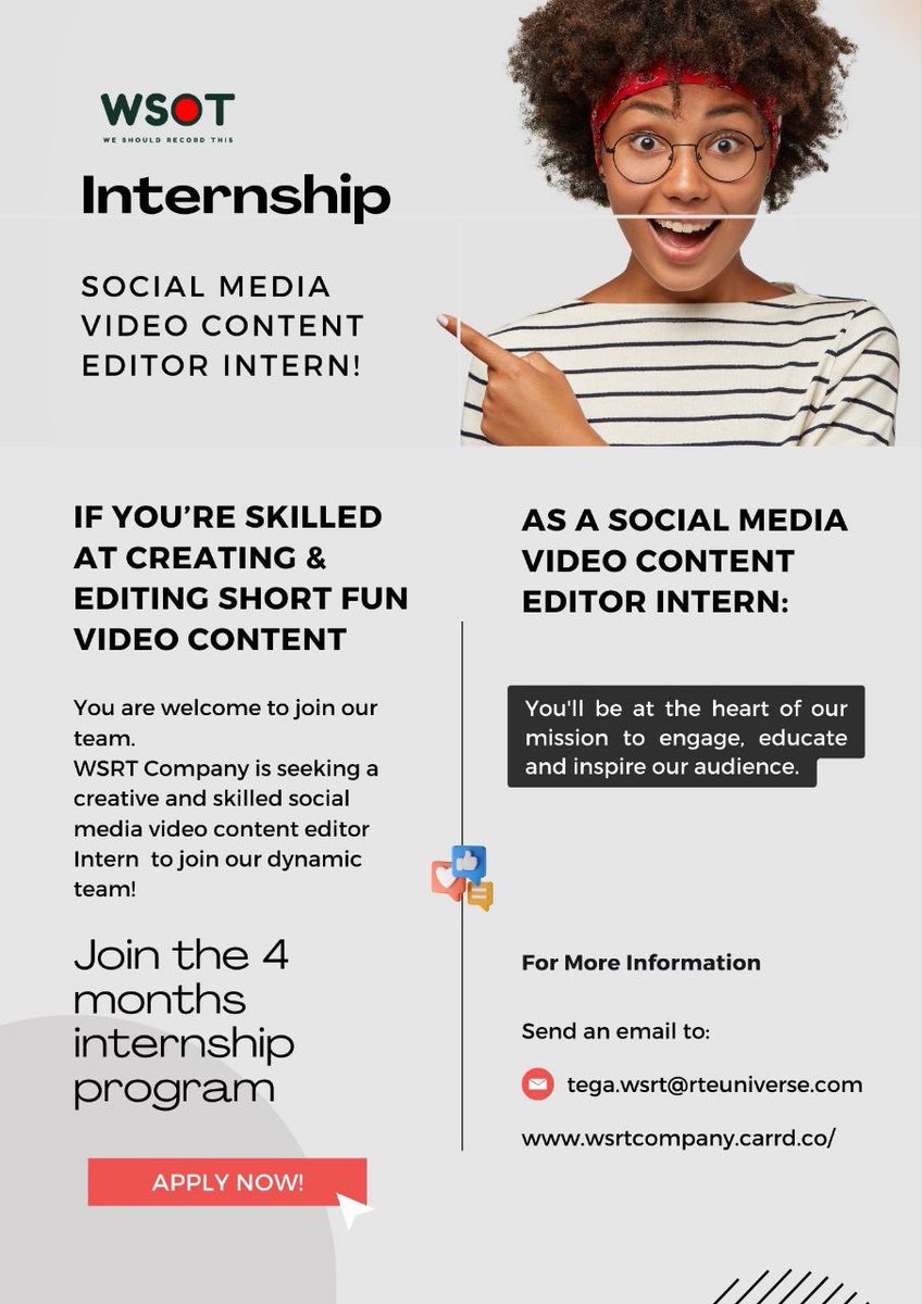 WSRTCompany's tweet photo. Are you interested in interning with the WSRT Company Team in 2024? We're excited to have you on board.

We're looking for 
- Content creator
- Operational assistant
- Social media video editor

This is a 4 months Internship program. https://t.co/6ZfdIYNnv7