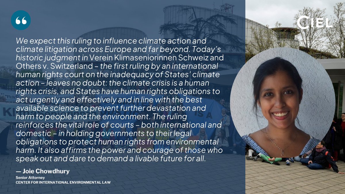 📢BREAKING: the @ECHR_CEDH issued a groundbreaking ruling in the @KlimaSeniorin case. The Court found Switzerland in violation of the European Convention on #HumanRights for failing to implement sufficient measures to combat #ClimateChange. Our statement: ciel.org/news/historic-…