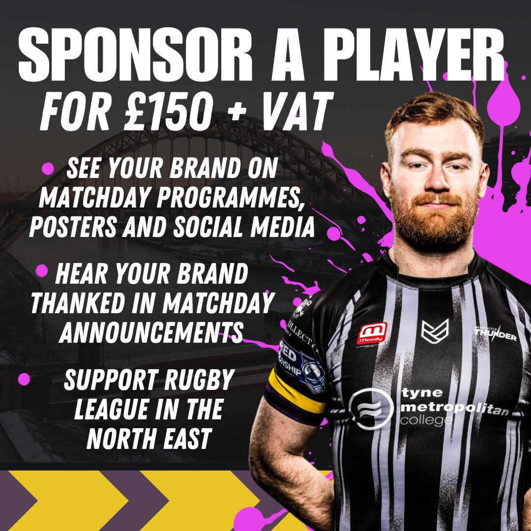 Get YOUR BRAND heard in THE STANDS 🗣️ Sponsor a ⚡️THUNDER PLAYER⚡️ for only £150 + VAT for the 2024 season and reach thousands of #rugbyleague fans across #newcastle and the #northeast 📨 DM us for more information or email newcastlethunder@gmail.com