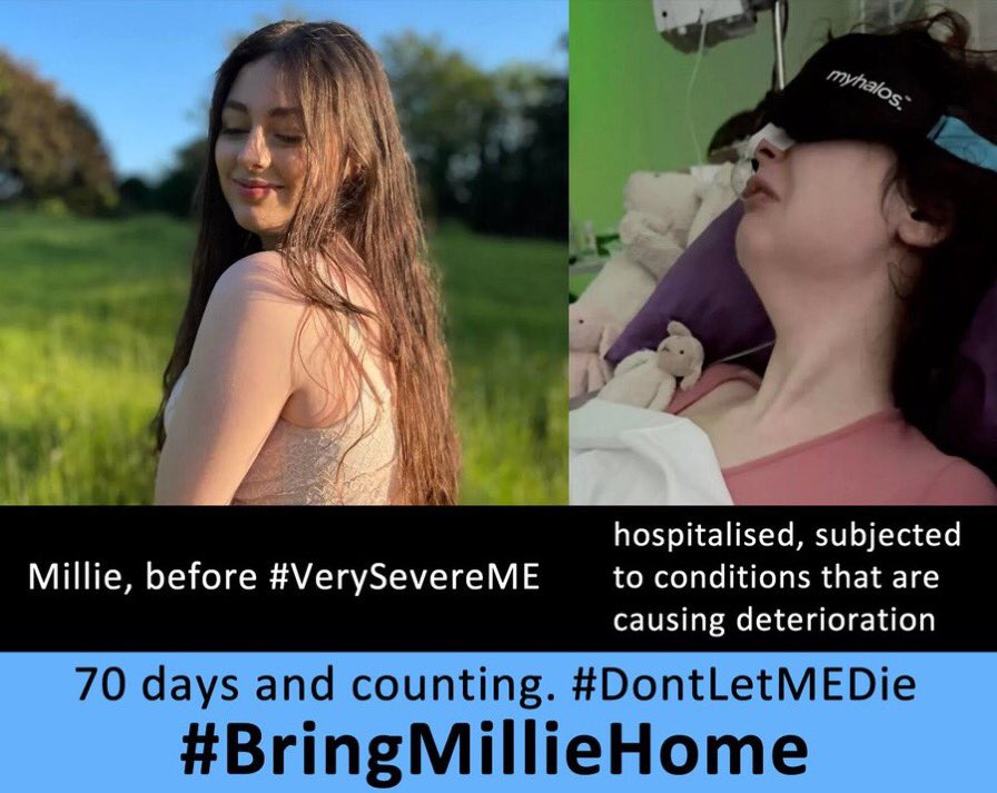LongCovidSOS's tweet photo. NHS hospitals must start LISTENING to patients with #SevereME. Millie is deteriorating rapidly in hospital due to their continuous psychologising of her physical illness 
Please tweet and retweet and sign below 
#BringMillieHome #DontLetMEDie @gmcuk @rcphysicians @rcpsych https://t.co/rPzItNnhA7