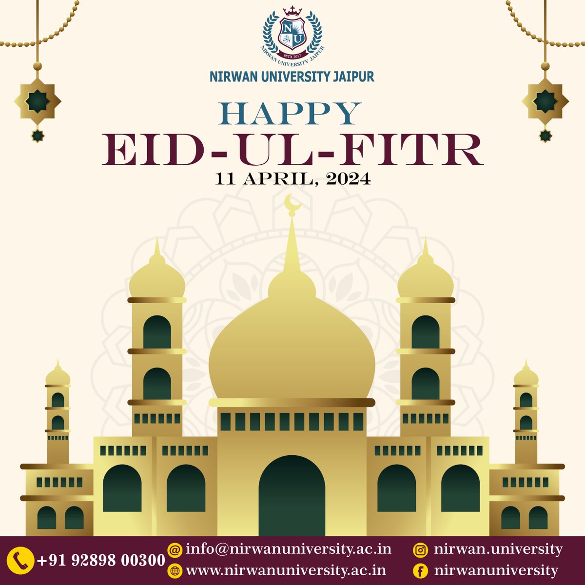 Wishing everyone a joyous Eid-ul-Fitr! 🌙✨ May this special day bring peace, happiness, and prosperity to all. Eid Mubarak! #NirwanUniversityJaipur #NirwanUniversity #EidUlFitr #EidMubarak #BestCollege #University #BestUniversity #CollegeinJaipur #CollegeinRajasthan #Jaipur