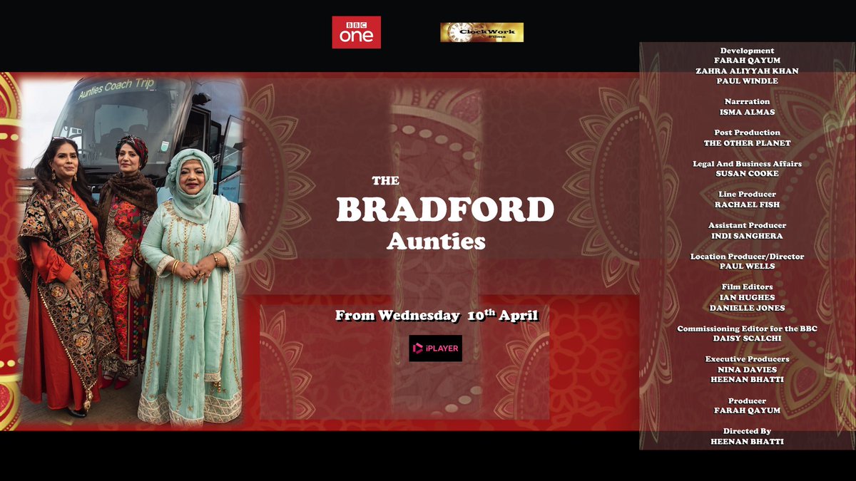 Spent 6 months with the most amazing three women. The kind you never see on British TV. What a pleasure to be in their company.

Introducing The Bradford Aunties - Tahera, Rubina and Ghazala

#TheBradfordAunties dropping tomorrow on @BBCOne and @BBCiPlayer 

Do give it a watch