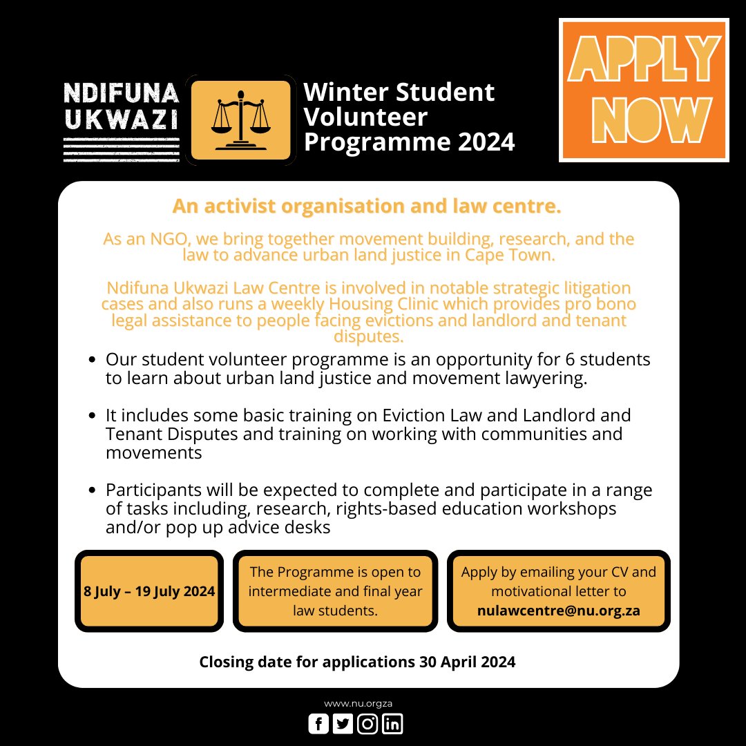 📢📚Applications for the NU Winter Student Volunteer Programme is now open! *Deadline 30 April 2024* This programme seeks to contribute to the building of a socially-conscious legal profession dedicated to the advancement of human rights.