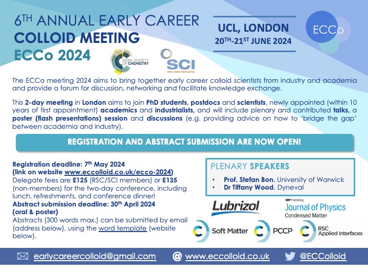 Abstract submission is now extended to the 30th of April so you still have the opportunity to present your research at ECCo 2024. For more details visit: eccolloid.co.uk/ecco-2024/
