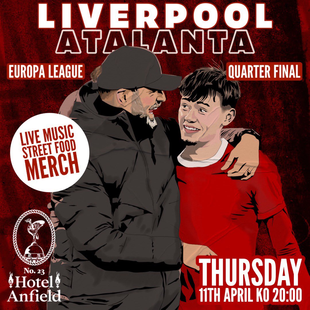 The red men are back in Europe! We’re now in the quarter finals taking on Atalanta, let’s get that step closer to another trophy at the end of the season 💪🏼 Join us for the best pre and post match atmosphere all around Anfield, we’ll be open from 4pm with live music from David