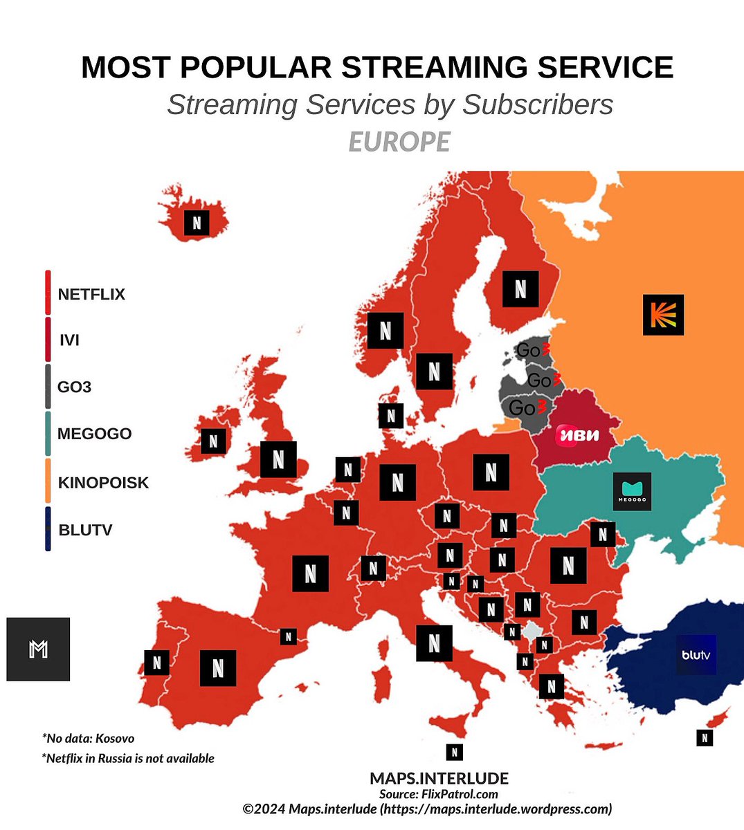 Most Popular #streaming service; #Streamingservices by Subscribers (#Europe) 
~
#maps #Netflix #go3 #ivi #megogo #blutv