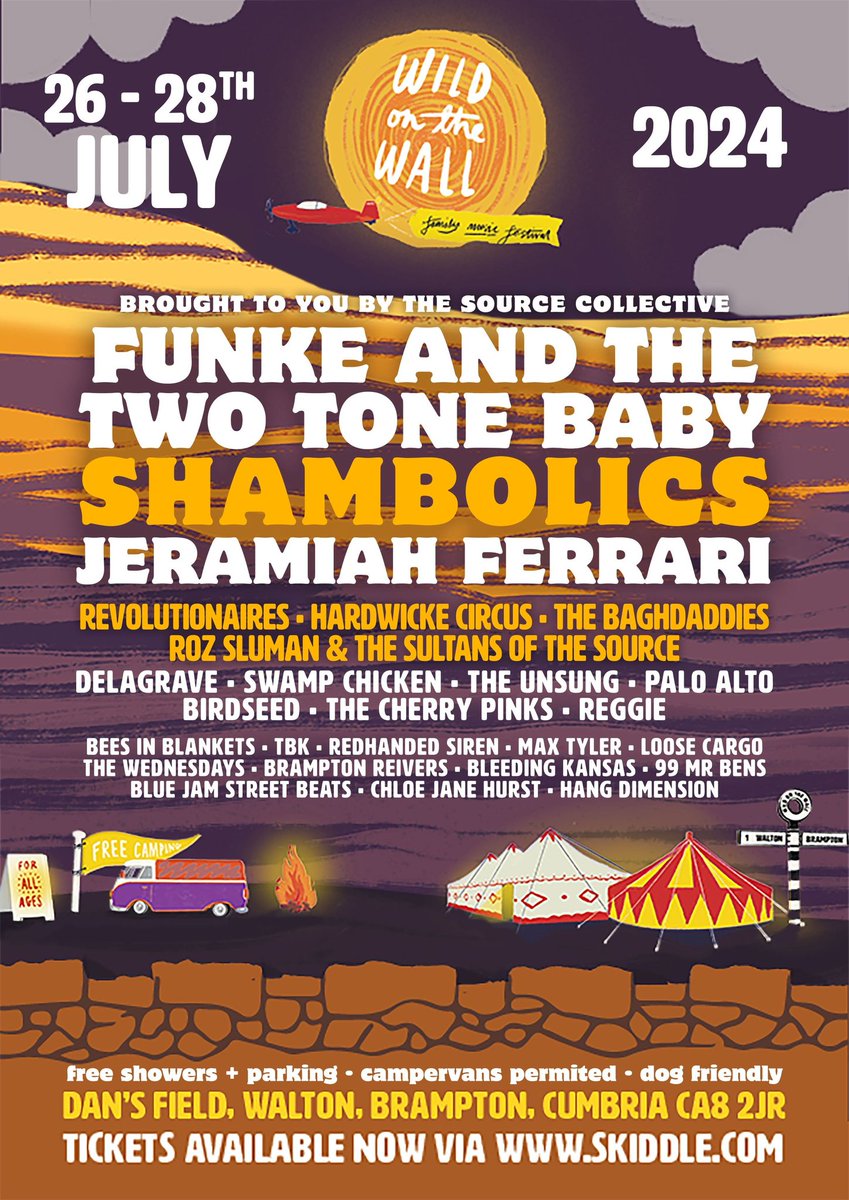 The #WildOnTheWall #MusicFestival returns from Friday 26 to Sunday 28 July at Dan’s Field in Walton, #Brampton, with #entertainment for all the #family - tinyurl.com/5n7358kf The headliners for 2024 will be @funke2tonebaby, @shambolicsmusic and @JeramiahFerrari #Carlisle