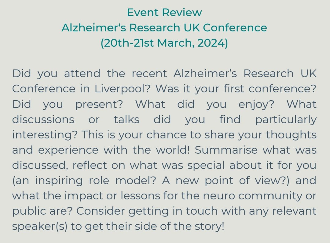 Did you attend #arukconf24 in Liverpool?🥼 Want to share your experience? At @WomeninNeuroUK, we are looking for someone to write for our #blog!🧠 womeninneuroscience.wixsite.com/winuk/blog @AlzResearchUK #Alzheimer #writer #neuroscience