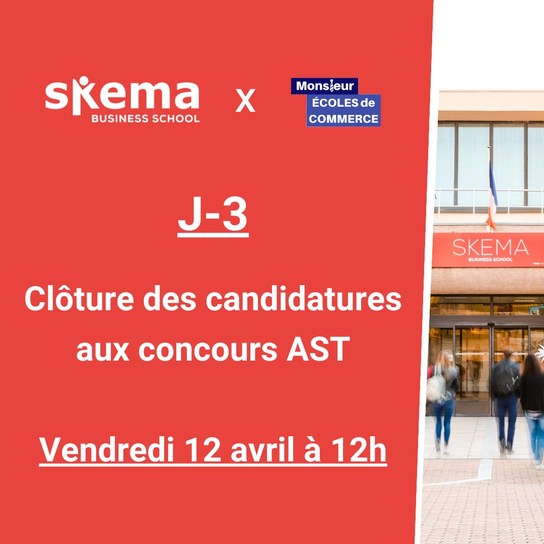 🔴 Concours AST <a href="/SKEMA_BS/">SKEMA Business School</a> : J-3 avant la clôture des inscriptions aux concours AST 1 &amp; 2 de SKEMA Business School.
- Concours AST 1 : 120 places en 2024.
- Concours AST 2 : 380 places en 2024.
✅ Date de clôture des inscriptions : vendredi 12 avril à 12h.