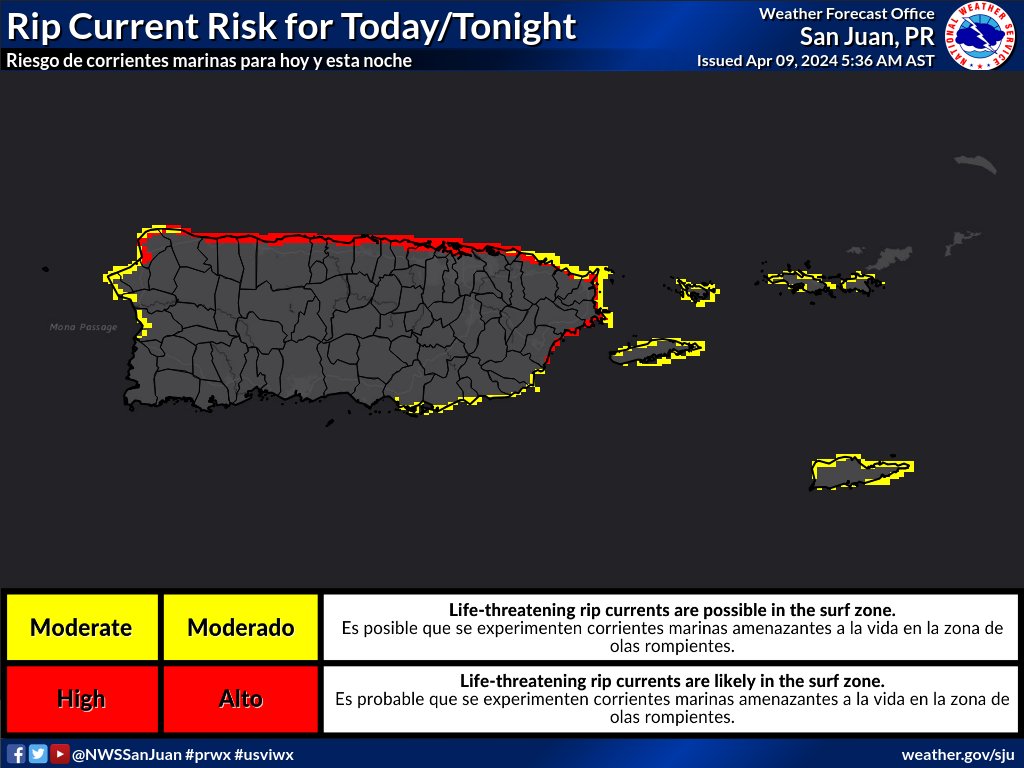 [9 de abril] (1/4) 🏖️A las 6 PM AST, el riesgo de corrientes marinas aumentará de moderado a alto en la costa norte de PR. Este alto riesgo de corrientes de resaca se extenderá mañana al oeste de PR, Culebra y las Islas Vírgenes Estadounidenses del norte. #PRwx #USVIwx