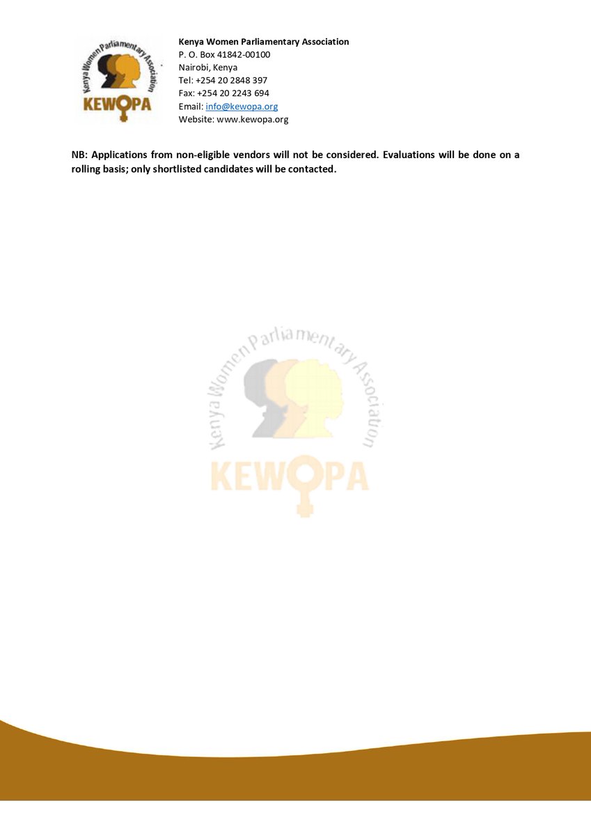 The Kenya Women Parliamentary Association (KEWOPA) seeks proposals from skilled transport providers to meet our transportation needs within Kenya. We aim to engage firms or individuals offering dependable, effective, and safe services aligned with our organization's requirements.