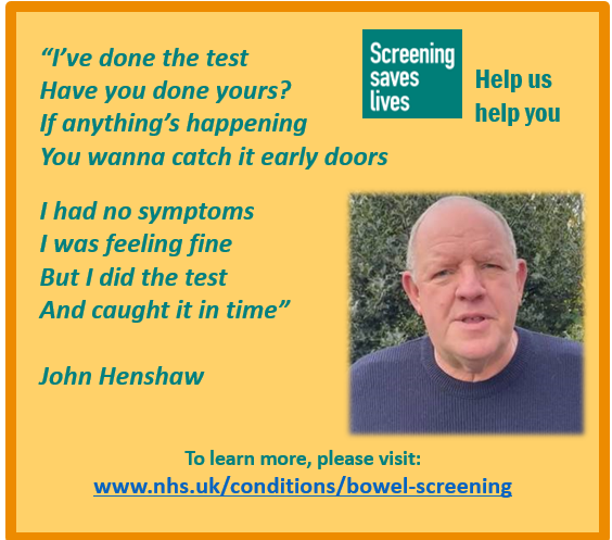 NCAlliance_NHS's tweet photo. Thank you 👏 to TV and film actor John Henshaw who has written a poem encouraging those eligible to complete their #NHS bowel screening test when it comes through your door! 

#DoTheKit #BowelCancerAwarenessMonth @PennineBowelCSP https://t.co/A2XEb07IKA