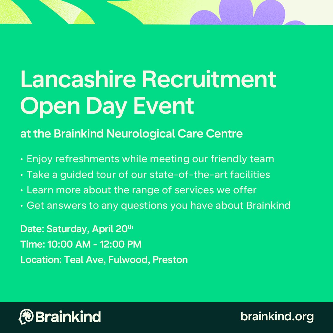 Brainkind (@brainkinduk) on Twitter photo Whether you're seeking new career opportunities or simply interested in learning more about Brainkind, we welcome you to join us on Saturday, April 20th at the Brainkind Neurological Care Centre in #Preston. Whether you're seeking new career opportunities or simply interested in learning more about Brainkind, we welcome you to join us on Saturday, April 20th at the Brainkind Neurological Care Centre in #Preston.