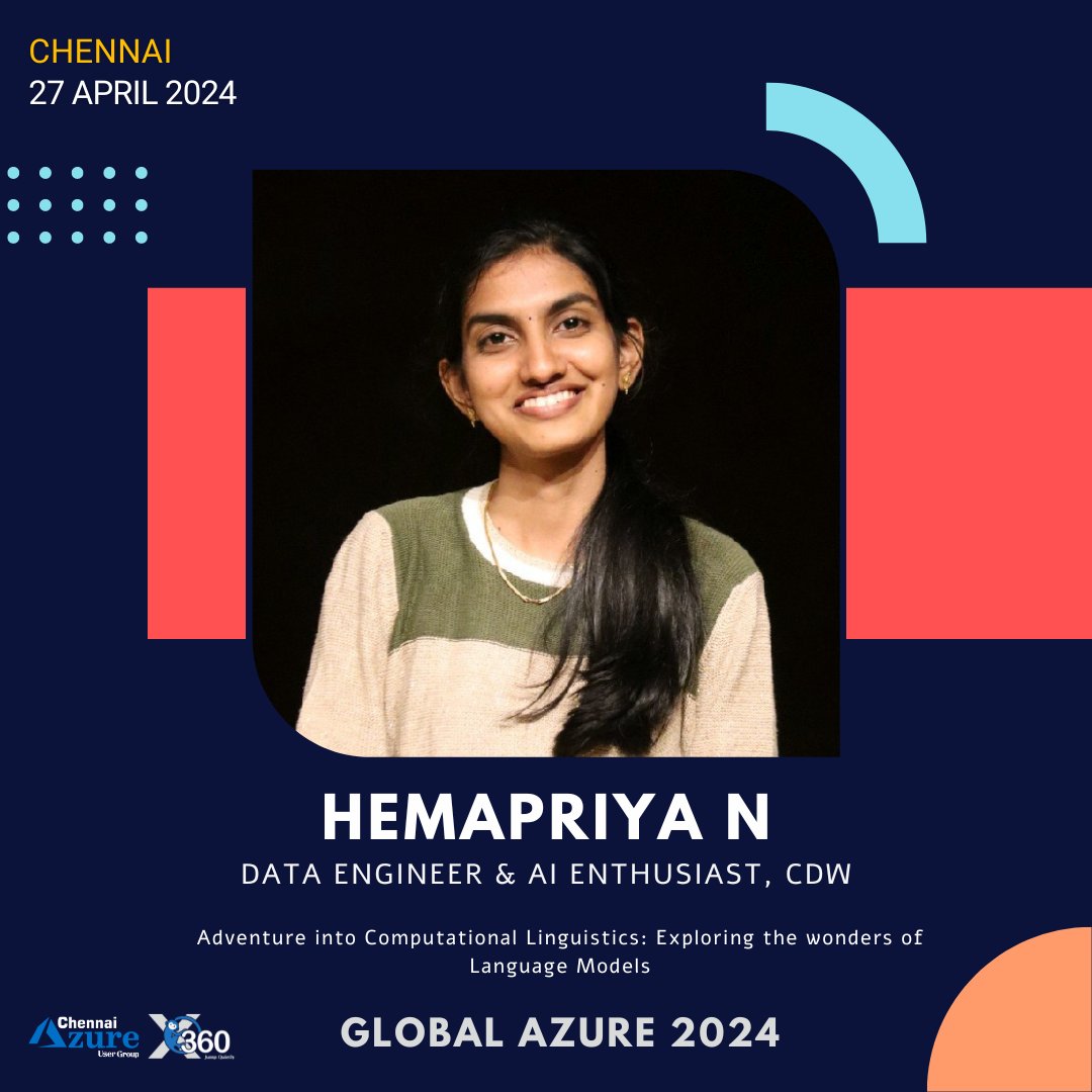 Don't miss Hemapriya N  talk on '𝗔𝗱𝘃𝗲𝗻𝘁𝘂𝗿𝗲 𝗶𝗻𝘁𝗼 𝗖𝗼𝗺𝗽𝘂𝘁𝗮𝘁𝗶𝗼𝗻𝗮𝗹 𝗟𝗶𝗻𝗴𝘂𝗶𝘀𝘁𝗶𝗰𝘀: 𝗘𝘅𝗽𝗹𝗼𝗿𝗶𝗻𝗴 𝘁𝗵𝗲 𝘄𝗼𝗻𝗱𝗲𝗿𝘀 𝗼𝗳 𝗟𝗮𝗻𝗴𝘂𝗮𝗴𝗲 𝗠𝗼𝗱𝗲𝗹𝘀' at Global Azure 2024 on April 27, 2024.  

Register: globalazure.in 

#XMonkeys360