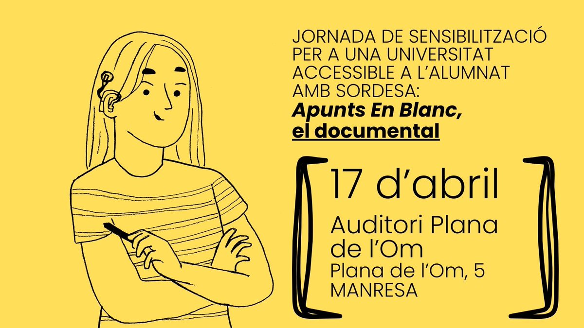 Nou escenari on presentarem el documental #ApuntsenBlanc, creat i liderat pels estudiants universitaris/es amb #sordesa d’ACAPPS, en una jornada del CREDA Catalunya Central 👉17 d’abril 👉auditori Plana de l’Om #Manresa