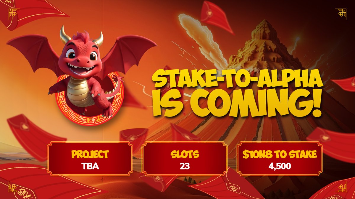 Stake-to-Alpha is coming in 2 days! 🧧 First Dragon Pool. First BRC20 Alpha. First Accelerator Pool. Only 23 slots . Stake 4,500 $1On8. Project TBA. How does it work? 1. Stake $1On8 for 30 days 2. Claim Alpha and get your $1ON8 back Are you ready? 🐉 #BRC20 #LittleDragon