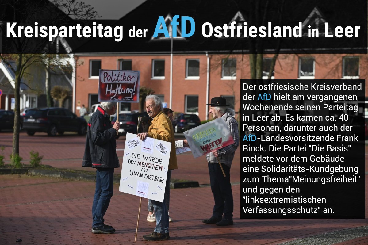 recherchenorth's tweet photo. Kreisparteitag der #AfD in #Leer 

Am Samstag fand der Kreisparteitag der AfD #Ostfriesland in #Leer statt. Auch der Landesvorsitzende war zugegen. #DieBasis veranstaltete eine AfD-Solidaritäts-Kundgebung vor Ort.

Unsere Bilderstrecke: https://t.co/d7yqWWTDdY

#noafd #nonazis https://t.co/wbEKMEPhzV
