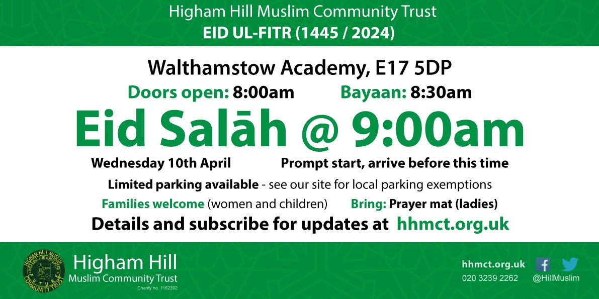 HillMuslim's tweet photo. We are hosting Eid Salāh on Wednesday 10th April.

Doors open: 8:00am
Eid Salāh: 9:00am sharp

✅ Women and children welcome
✅ Important: Women to bring prayer mats
✅ Fitrāna: minimum £4 per person

🆘 *Support us:* https://t.co/hb8TZCKdaJ

Info: https://t.co/c1lnFCDSzI https://t.co/VkRoTg1YgG