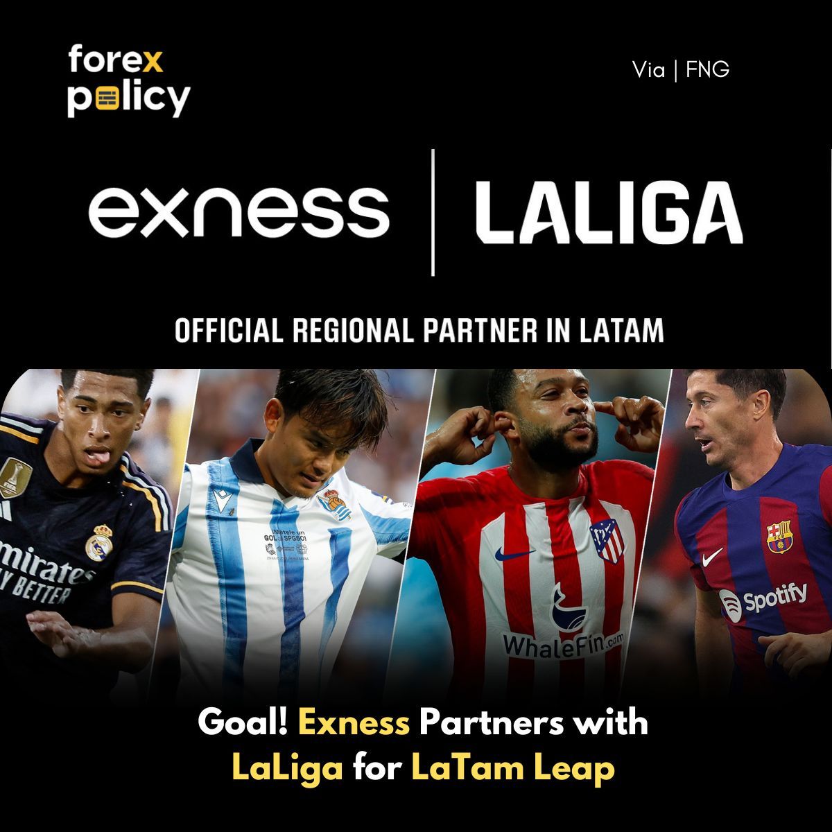 forexpolicy's tweet image. Exness partners with LaLiga as Official Regional Partner in Latin America! Get ready for thrilling football experiences with Real Madrid, Barcelona FC, and Atletico Madrid. Stay tuned for electrifying activations! ⚽🏆 #ExnessLaLigaPartnership #FootballUnity