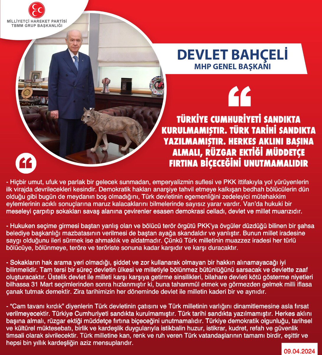 Genel Başkanımız Sayın Devlet Bahçeli @dbdevletbahceli: Türkiye Cumhuriyeti sandıkta kurulmamıştır. Türk tarihi sandıkta yazılmamıştır. Herkes aklını başına almalı, rüzgar ektiği müddetçe fırtına biçeceğini unutmamalıdır mhphaber.com/?p=10337