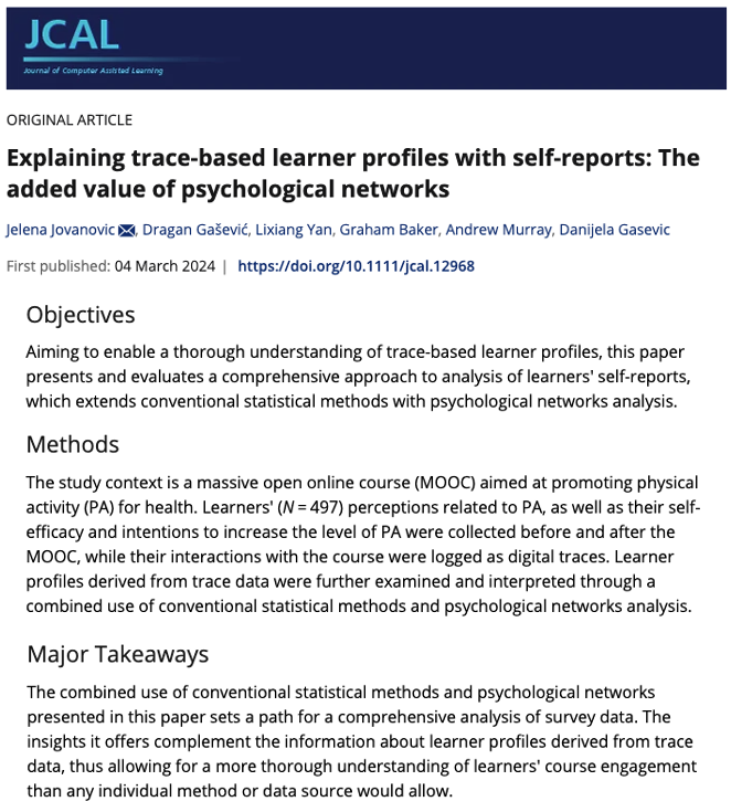 In our new #JCAL paper bit.ly/3P8uXBG we show how psychological network analysis of learner self-reports allow for a more thorough understanding of learner profiles derived from trace data. @dgasevic, @jimmie_yan, @DanijelaGasevic, @DrGrahamBaker, @docandrewmurray