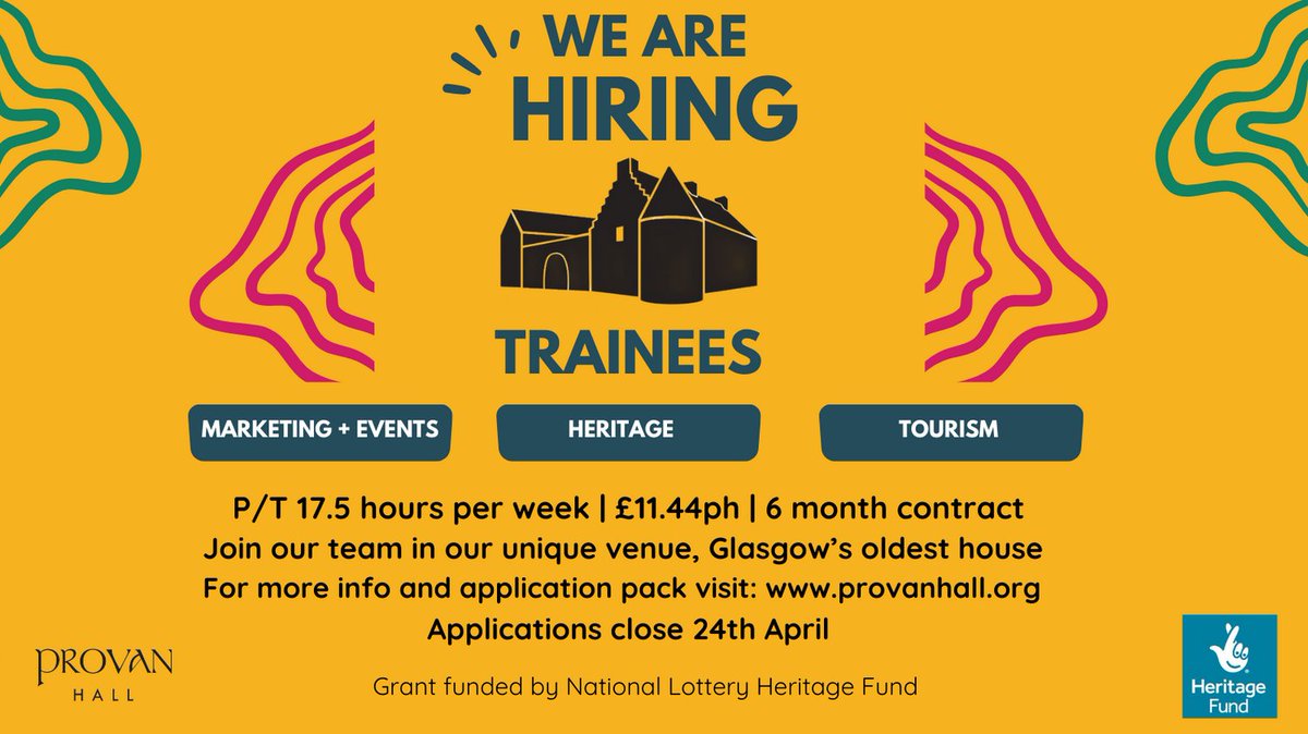 Looking for an opportunity to develop experience in the tourism/heritage sector? Apply to one of our paid traineeships at medieval Provan Hall. More details and application packs can be found on our website: provanhall.org/opportunities-… Made possible by @HeritageFundSCO