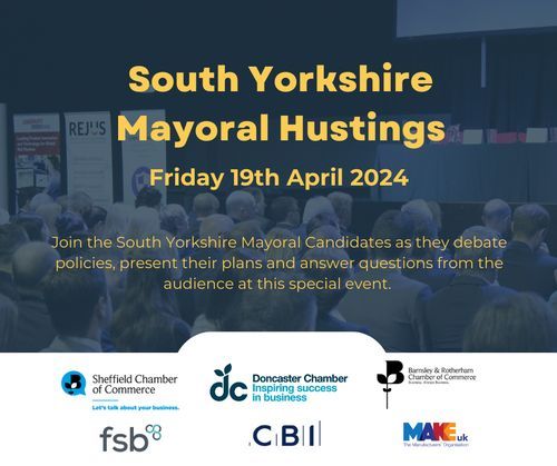 South Yorkshire Mayoral Hustings 📅 April 19th at 9:00 am - 12:00 pm 📍 Doncaster College Spaces at the event are limited, so please register now to reserve your place. You will be diverted to Doncaster Chamber’s website to book your place 👉 buff.ly/3VKiYhH