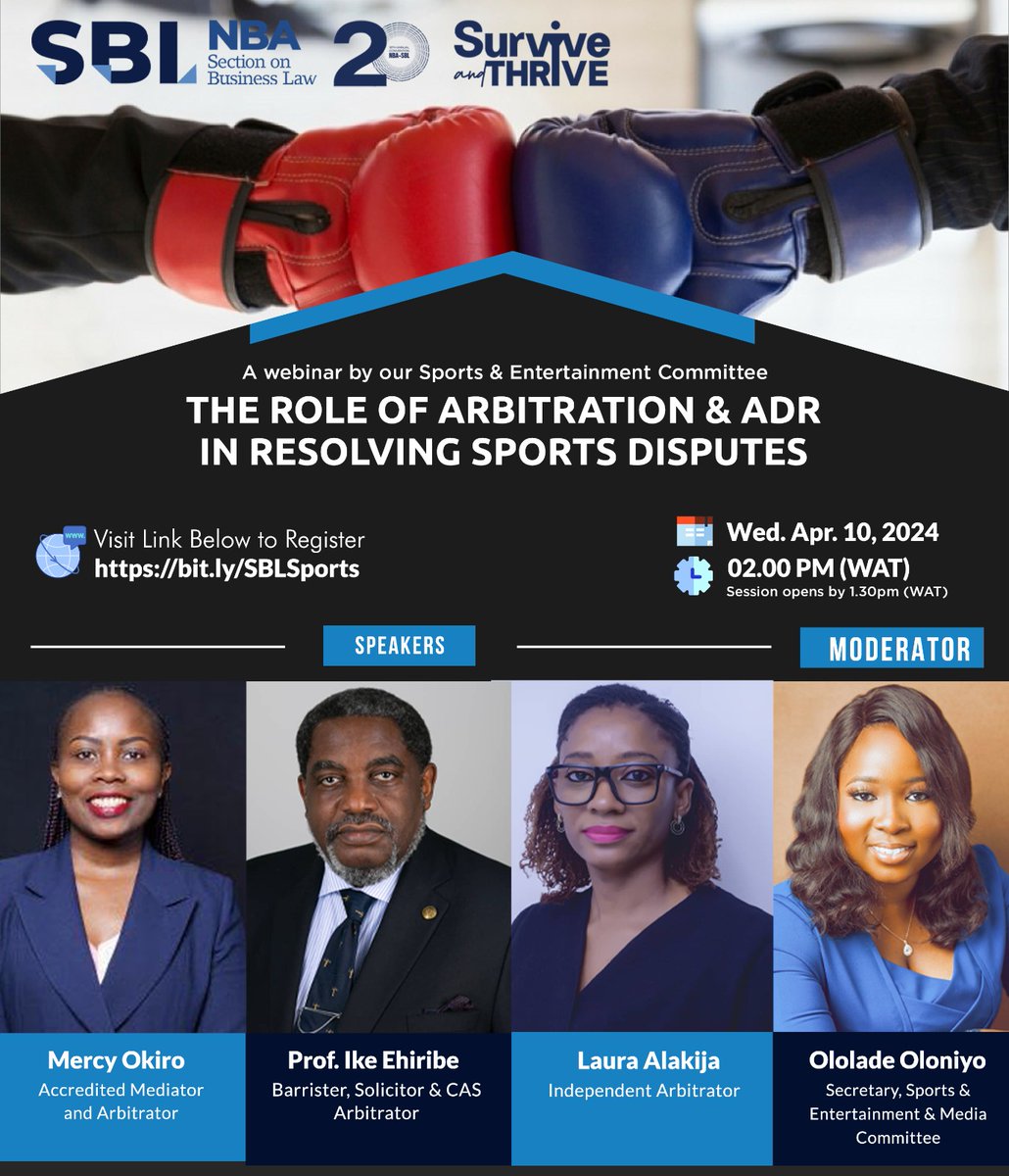 Dive into the World of Sports Arbitration! Join us for an exhilarating webinar hosted by the NBA-SBL's Sports, Entertainment, and Media Committee, happening TOMORROW, Wednesday April 10th, 2024, at 2pm WAT. Get ready to be captivated by insights from esteemed African sports