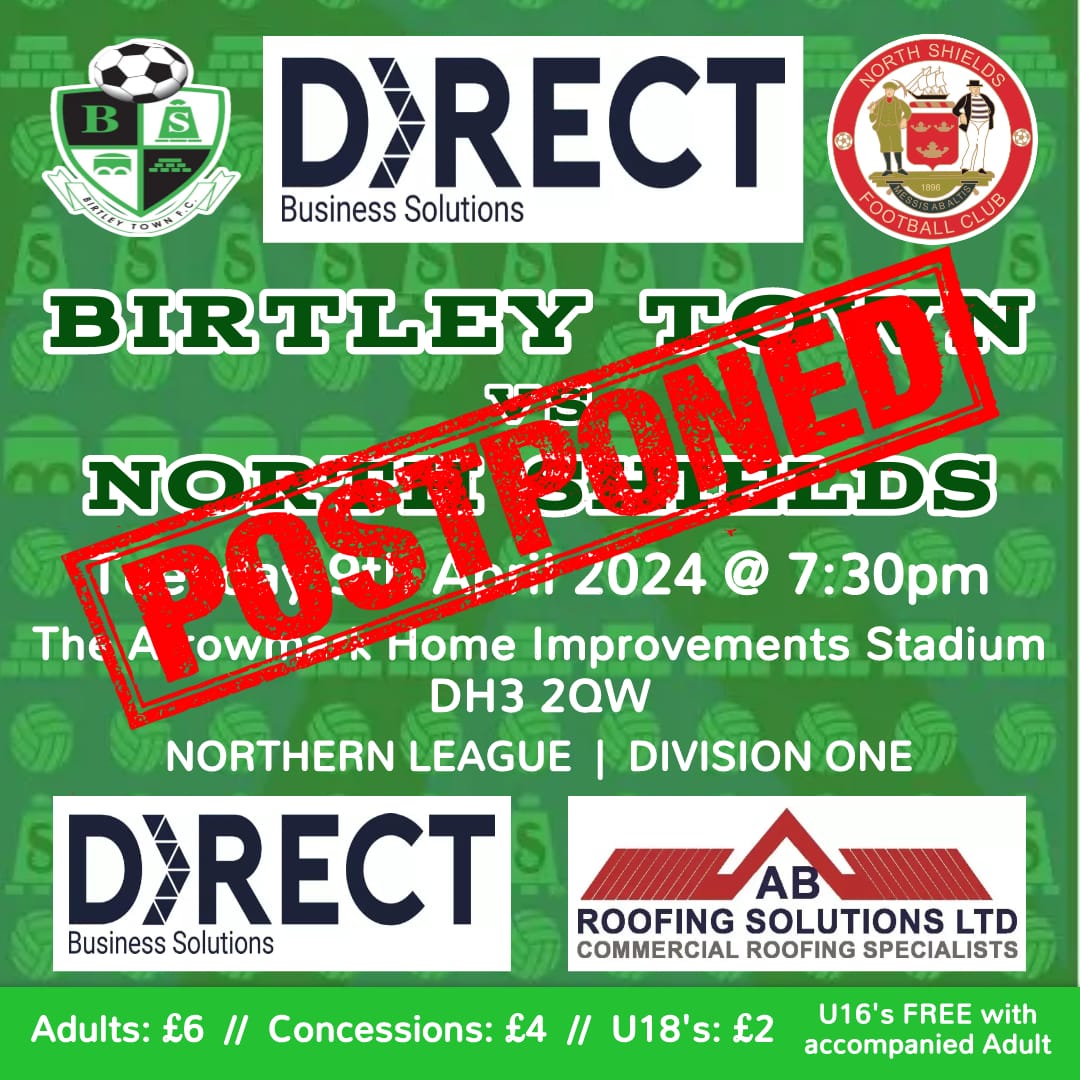 POSTPONED Due to the never ending Monsoon of 2024, our game tonight against North Shields is postponed due to a the pitch being flooded. We'll be back in action on Saturday Away to Shildon!
