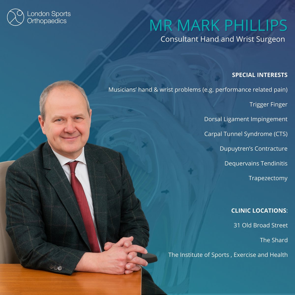 Mark Phillips is one of our leading Hand and Wrist surgeons here at LSO, holding a specialist Musician's hand and wrist clinic for performance-related pain.

His patients describe him as 'Wonderful from start to finish' always providing incredible care to all his patients!
👏