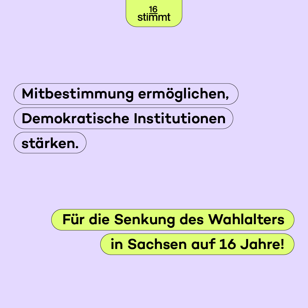 #16stimmt! Der Landesverband Sachsen ist Teil des Bündnisses von u.a. @KJRSachsen für ein Wahlalter 16 im Land und in den Kommunen. Dafür ist eine Postkarten-Aktion geplant. Hier findet ihr alle Infos zur Aktion: sachsen.mehr-demokratie.de/einzelansicht/…