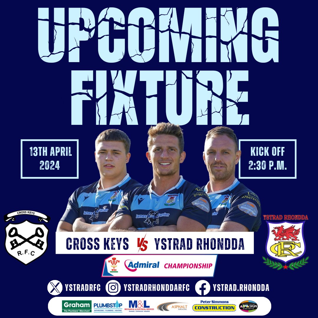 🚨 FIXTURE ALERT 🚨 🏉 @crosskeysrfc V @YstradRFC 🏆 @WRUChampionship (EAST) 📅 13/4/24. ⏰ 2.30 P.M. Kick Off. 🏟 Pandy Park, Woodward Ave, Crosskeys, Gwent NP11 7BS #ShowYourSupport #COTY 🩵 💙 🏉