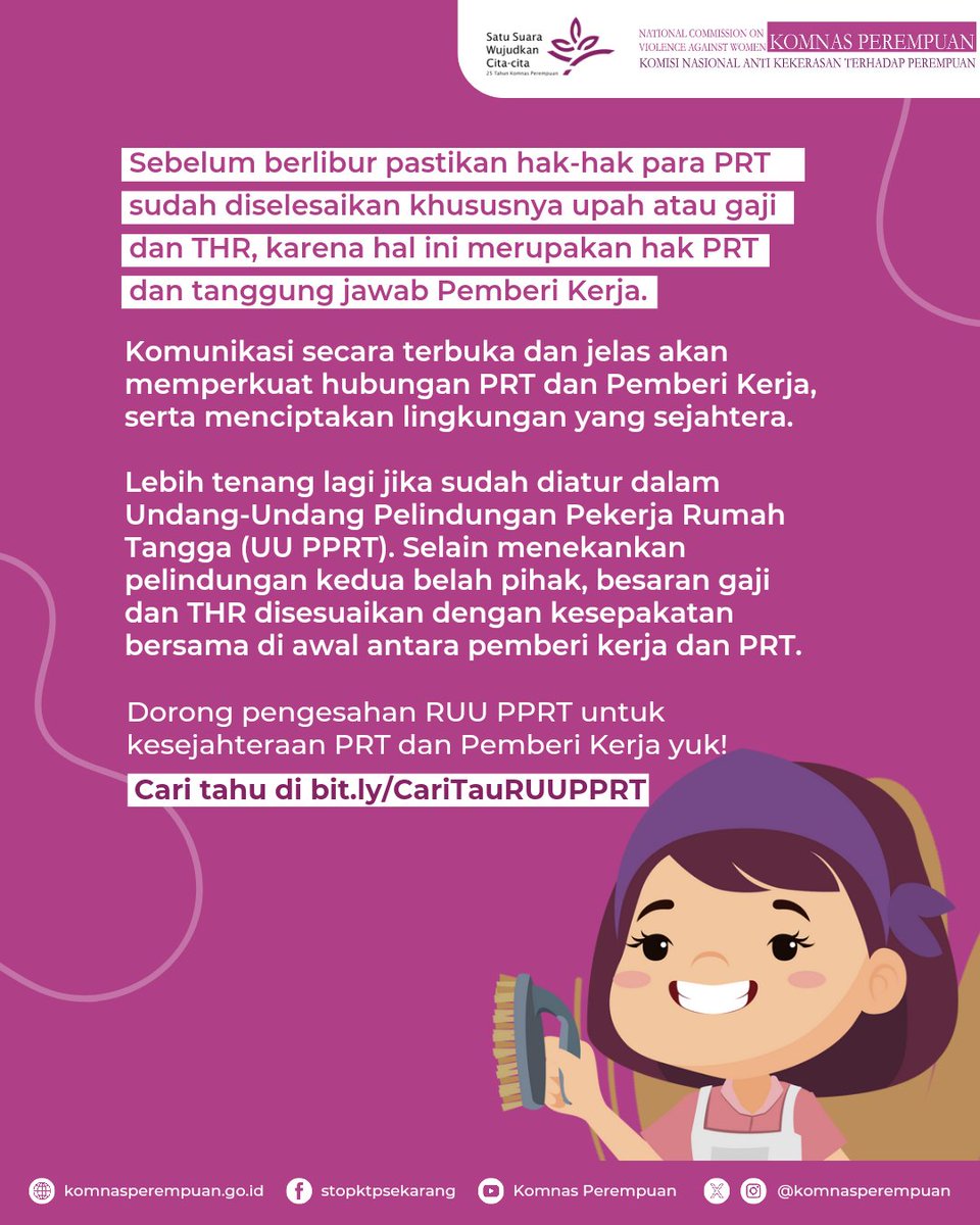 Tweep yang mempekerjakan PRT baik jelang maupun saat lebaran, jangan lupakan hak dan tanggung jawab masing-masing ya. #SahkanRUUPPRT #PeriodeKritisPRTMiris #PastikanRUUPPRTDibahas #MudikIngatPRT