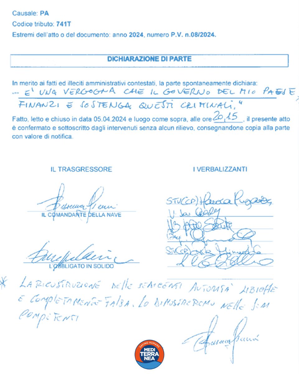 Le dichiarazioni del comandante di #MareJonio Giovanni Buscema alle autorità: “È una vergogna che il governo del mio paese finanzi e sostenga questi criminali. La ricostruzione delle sedicenti autorità libiche è completamente falsa. Lo dimostreremo nelle sedi competenti”. 1/3