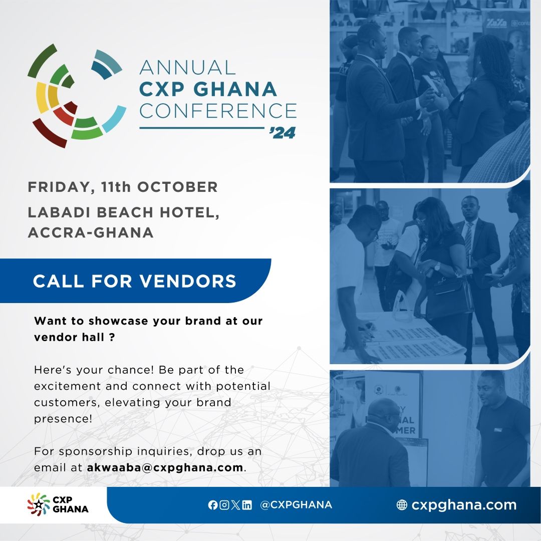 Calling all CX Partners, Sponsors & Vendors! 📢 

Shape the future of CX alongside Ghana's brightest minds!
Contact us today to discuss partnership opportunities.

You can send us mail here -> akwaaba@cxpghana.com

#CXPGhana2024 #CustomerExperience #PartnerWithUs #CXPGhana