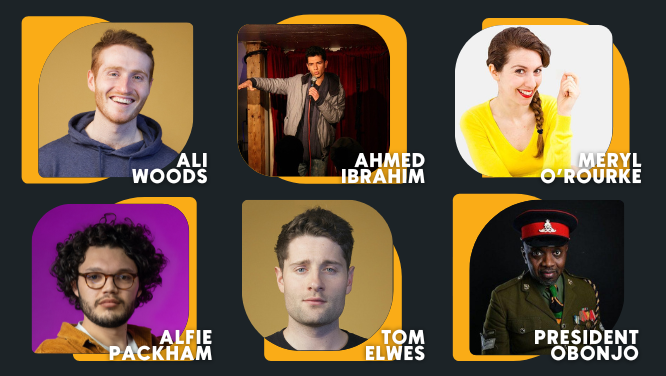 Here's who's bringing the Big Belly laughs tonight! 😎 @AliWoodsGigs @AhmedIbrahim @MerylORourke @AlfiePackham @TomElwes @realObonjo AND MORE! Swing by for some fresh jokes and a free shot! 🙌