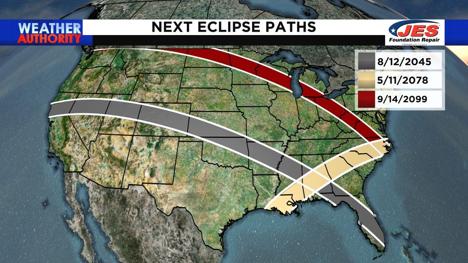 WRAL_Michaels's tweet image. Happy Tuesday!

Put together this map to show the next three eclipses worth tracking for much of the U.S. No, I don't have a cloud cover forecast for those...