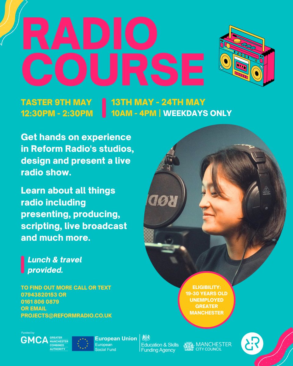 Fancy hopping behind the mic in our studios and learning the ropes of radio? We have a FREE course for you! Join us for our upcoming RADIO COURSE 📻 Funded by @ManAdultEd, join us to gain practical experience in production, presenting & more! Check the flyer for full details👇