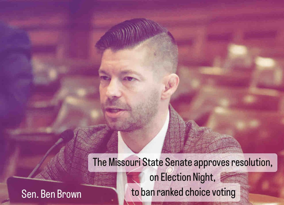 “The Missouri Senate gave initial approval to a resolution Tuesday that would ban ranked choice voting in the state. If approved by the House, it would be sent to the ballot for voters to decide on later this year.” See article here: columbiamissourian.com/news/elections…